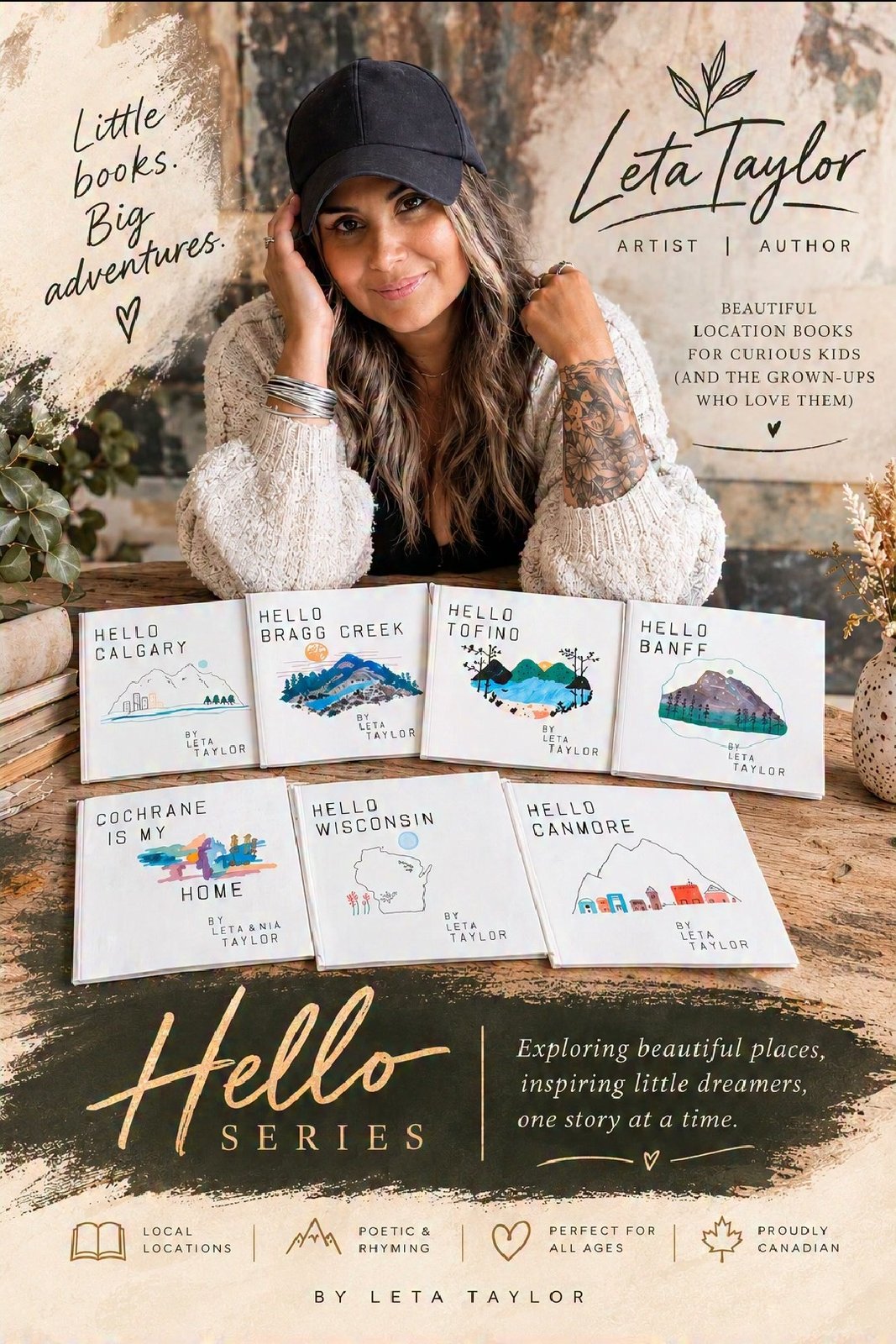 Leta Taylor, artist and author, with the seven books of her Hello Series